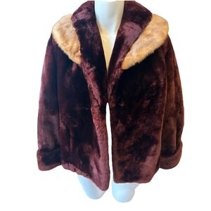 Vintage‎ 50s Genuine Mouton Plush Lamb Fur Mink Collar Short Cropped Jacket M L